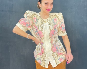 Vintage 80's MAGGY LONDON Blouses puff sleeves short sleeve blouse silk