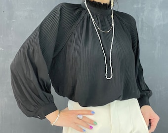 Vintage 70's ZM elegant pleated blouse ruffle high collar balloon sleeves