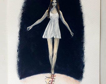 May include: A watercolor painting of a woman in a white dress walking on a stitched line. The woman is walking towards a dark background. The painting is signed "D.Parri".