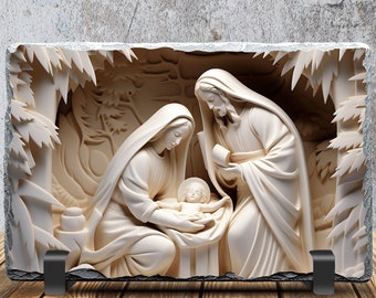 Slate Sublimation Design, 3D Nativity Scene Mary Joseph Jesus, Instant Digital Download, Sublimation Slate PNG, Digital ONLY