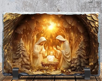 Slate Sublimation Design, 3D Nativity Scene Mary Joseph Jesus, Instant Digital Download, Sublimation Slate PNG, Digital ONLY