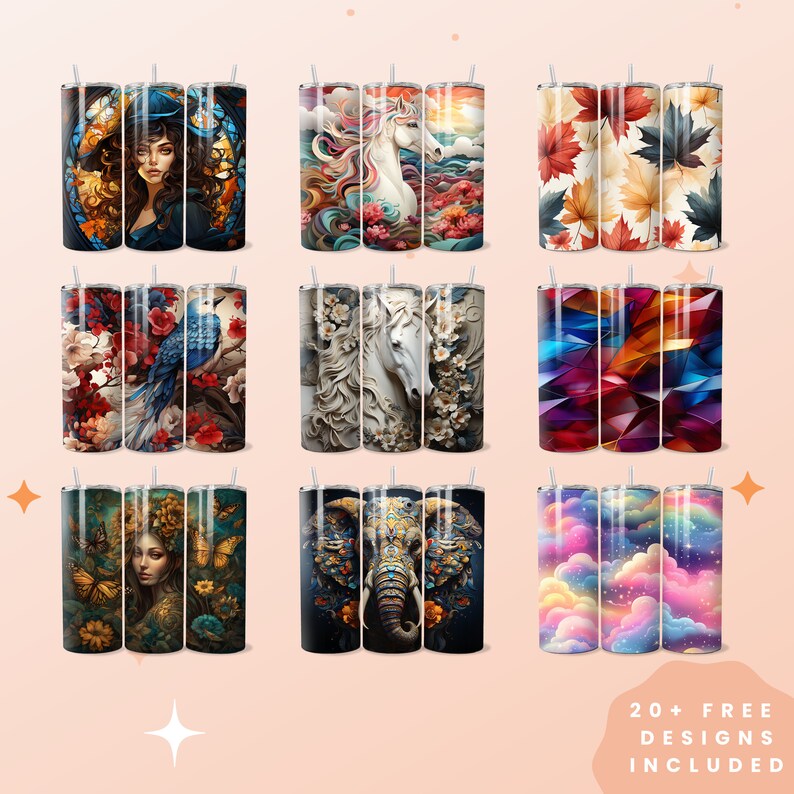 May include: Set of nine stainless steel tumblers with various colourful designs. The designs include a woman with a hat, a unicorn, autumn leaves, a blue bird, a white horse, geometric shapes, a woman with flowers, an elephant, and clouds.