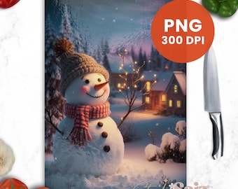 Snowman Merry Christmas Cutting Board Design Download, Bird Cutting Board PNG, Cutting Board Printable PNG, Christmas Cutting Board PNG