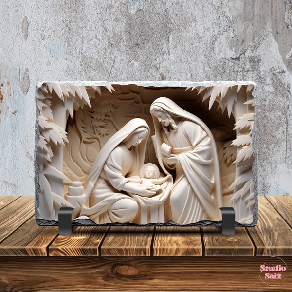 Slate Sublimation Design, 3D Nativity Scene Mary Joseph Jesus, Instant Digital Download, Sublimation Slate PNG, Digital ONLY