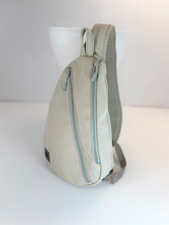 Teardrop Sling Bag Cream Vegan Leather Designer Vinyl 