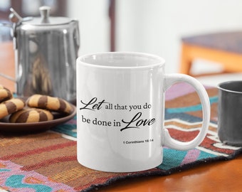NEW Set of 2 coffee mugs with spoon  " Let all that you  do be done in love" 
