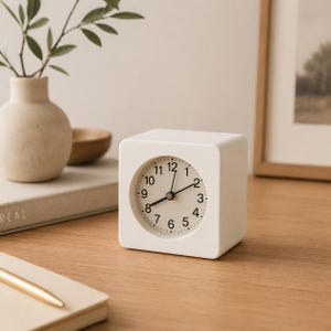 May include: A white cube-shaped analog alarm clock with a circular face featuring black numerals from 1 to 12, black hour and minute hands, and a thin black second hand. The clock has a smooth, matte finish and a simple, clean design.