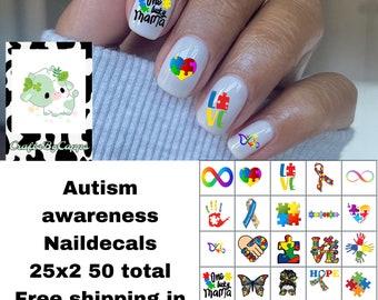 Autism awareness/ autism mom nail decals 25x2 50 total