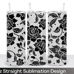 Black Lace Flowers Sublimation Tumbler Wrap, Straight 20oz Tumbler Wrap, PNG