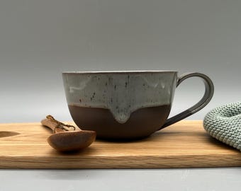Cappuccino cup // Ceramic cup // Handmade // Black-brown clay // Grey glaze with spots approx. 450 ml