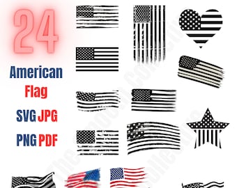 Premium American Flag SVG Collection: 24 Distressed & Patriotic Designs - 4th of July SVG, Grunge, Printable, American Flag JPG, flag Png