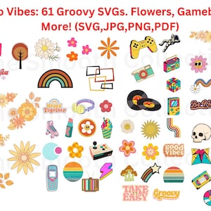 Retro Revival: Groovy Flowers, Sunbursts und Good Vibes SVG Bundle (Jpg, Png, SVG, Pdf)
