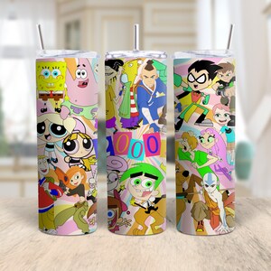 This photo features a cartoon tumbler wrap. The tumbler wrap features cartoon characters from the  2000s. Tumbler Wrap, Tumbler PNG, sublimation design.