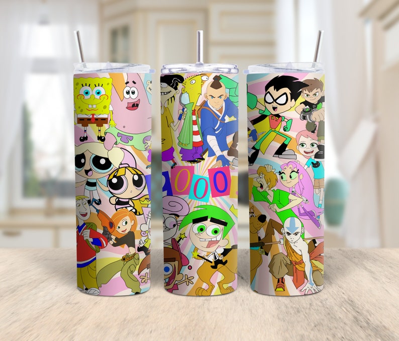 This photo features a cartoon tumbler wrap. The tumbler wrap features cartoon characters from the  2000s. Tumbler Wrap, Tumbler PNG, sublimation design.