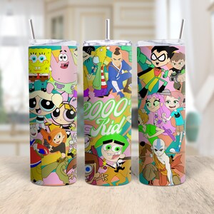 This photo features a cartoon tumbler wrap. The tumbler wrap features cartoon characters from the  2000s. Tumbler Wrap, Tumbler PNG, sublimation design.