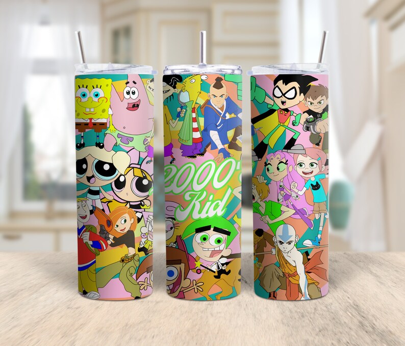 This photo features a cartoon tumbler wrap. The tumbler wrap features cartoon characters from the  2000s. Tumbler Wrap, Tumbler PNG, sublimation design.