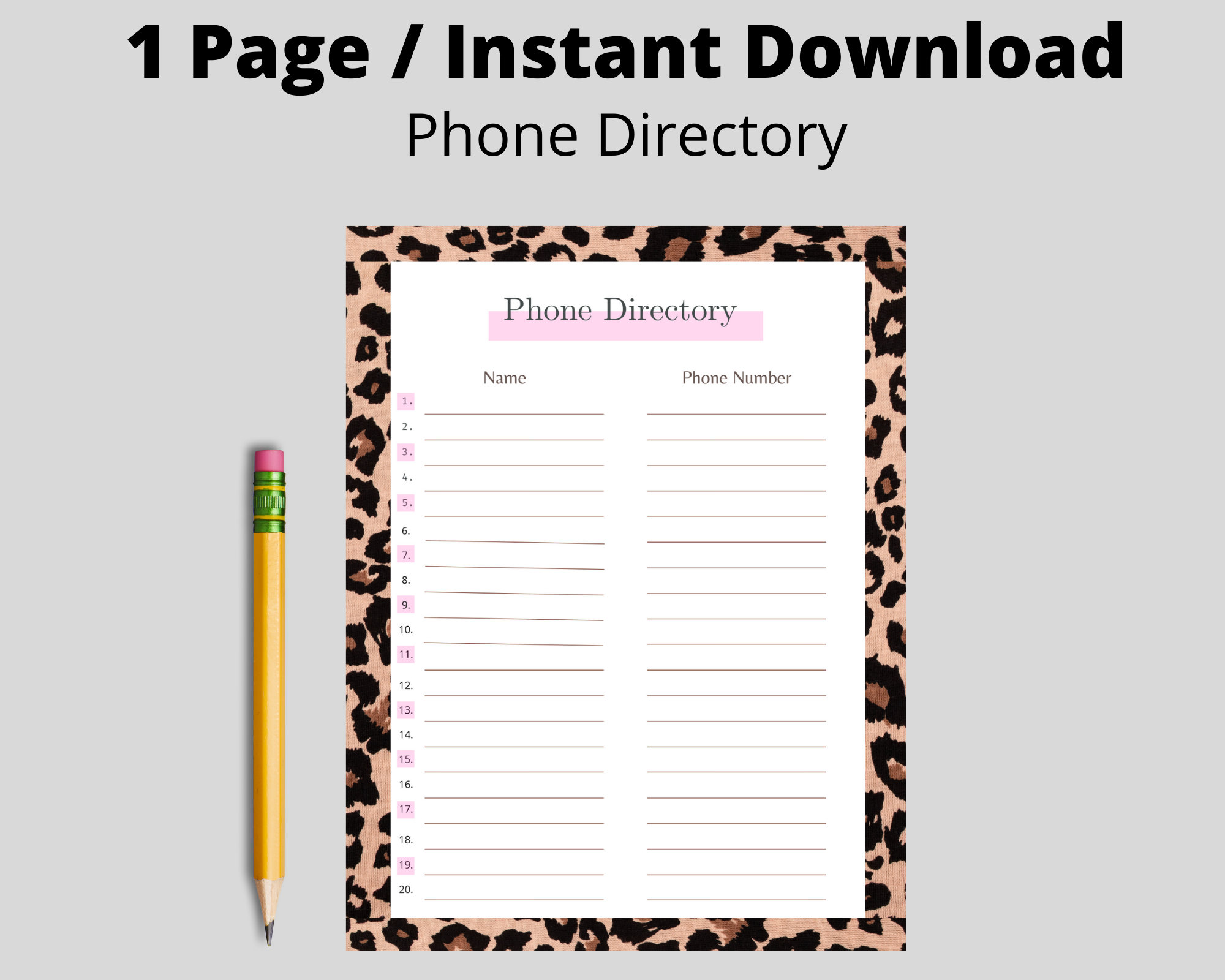 Printable Leopard Phone Directory, Digital Phone Directory