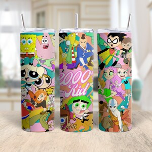 This photo features a cartoon tumbler wrap. The tumbler wrap features cartoon characters from the  2000s. Tumbler Wrap, Tumbler PNG, sublimation design.