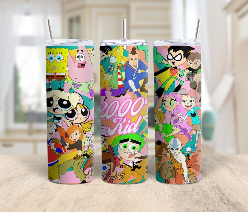 This photo features a cartoon tumbler wrap. The tumbler wrap features cartoon characters from the  2000s. Tumbler Wrap, Tumbler PNG, sublimation design.