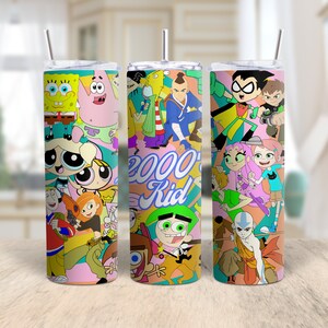 This photo features a cartoon tumbler wrap. The tumbler wrap features cartoon characters from the  2000s.