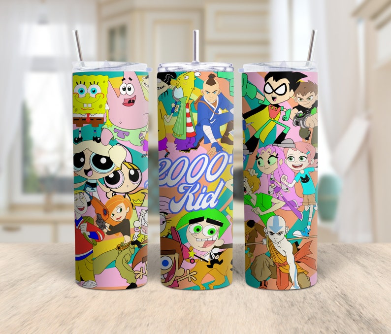 This photo features a cartoon tumbler wrap. The tumbler wrap features cartoon characters from the  2000s.