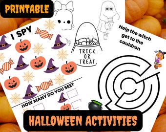 May include: Printable Halloween activities for kids featuring a 'I Spy' game with pumpkins, witches hats, and candy, a maze for a witch to reach a cauldron, and a 'Trick or Treat' bucket.