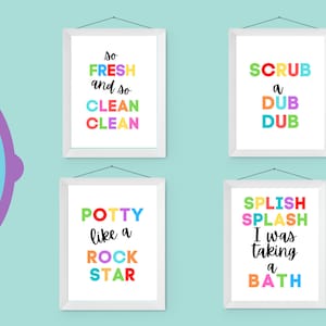 Kid&#39;s Bathroom Wall Art Set, Printable Set of 4, Children&#39;s Bathroom Wall Art, Instant Download