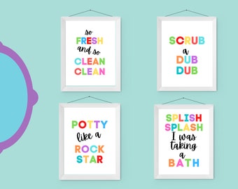 Kids Bathroom Art Prints, Set of 4, Colorful Bathroom Decor (Digital Download)