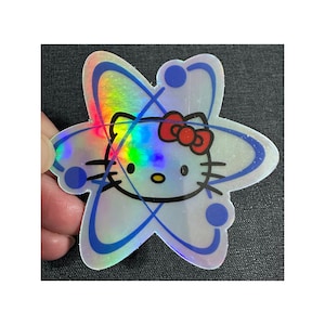 Atomic Kitty Holographic Sticker|Science Kitty|Cute Kitty|Kitty Gift|Red Bow Kitty|Cute Cat|Kitty Friend|Laptop Decal|Water Bottle|Chemistry