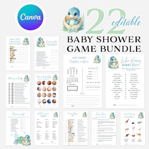Può includere: Un pacchetto di giochi per baby shower a tema dinosauro blu. Il pacchetto include 22 giochi modificabili con varie attività. Il testo "BABY SHOWER GAME BUNDLE" è visualizzato in modo prominente. Il logo Canva si trova nell'angolo in alto a sinistra.