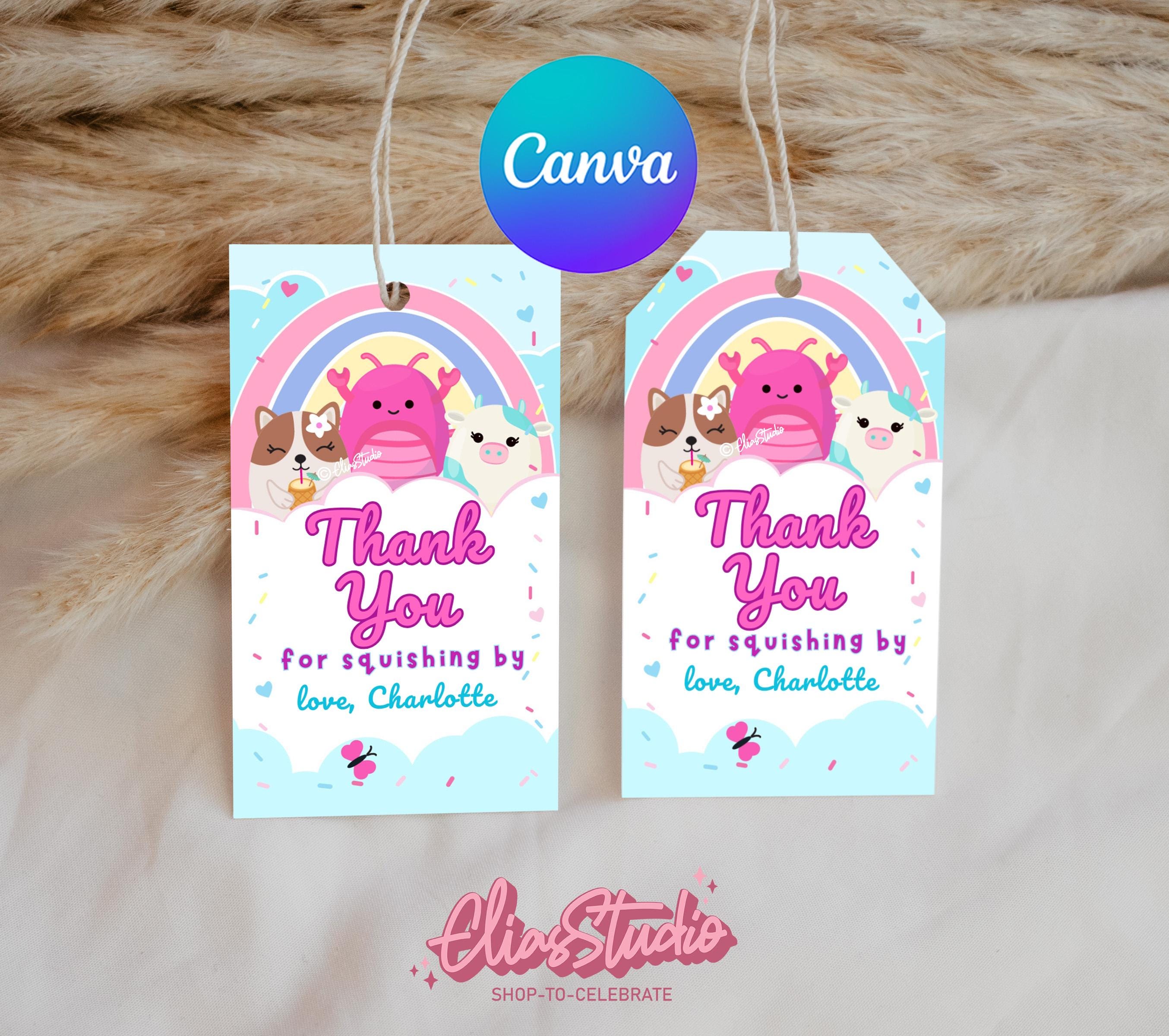 Editable Squishmallow Birthday Thank You Tags, Squishy Favor Tags ...