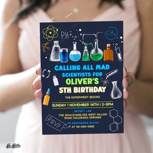 Convite de Aniversário "Chamando Todos os Cientistas Malucos", Convite Editável para Festa de Slime para Menino Cientista, Modelo Digital para Imprimir, Corjl SC1