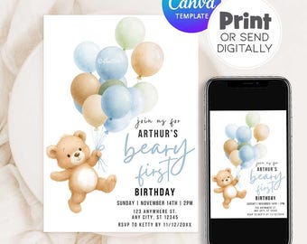 May include: A digital invitation for a first birthday, featuring a watercolor teddy bear holding balloons in pastel colors. The text reads "Arthur's beary first birthday" with event details. A smartphone displays the invitation.