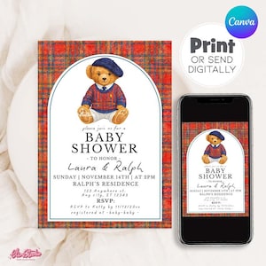 Vintage Polo Bear Baby Shower Invitation, Lauren Baby Shower Boy, Ralph Baby Shower Canva Template PLR3