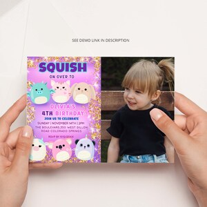 May include: Purple and gold glitter birthday invitation with a photo of a young girl. The invitation says "Squish on Over To Olivia's 4th Birthday" and includes details about the party, including the date, time, and location.
