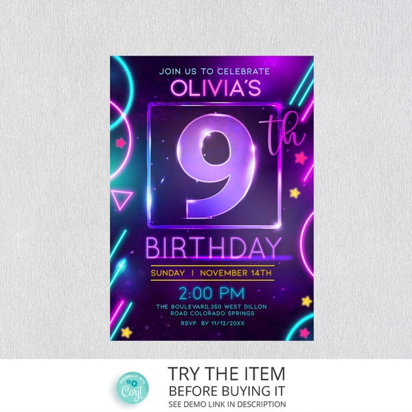 Neon Birthday Invitation Template 9th Girl Birthday Neon Glow Party Invitation Digital Editable Template /14