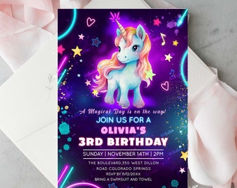 Bewerkbare Unicorn verjaardagsuitnodiging, Unicorn uitnodiging voor alle leeftijden, Unicorn Neon uitnodiging sjabloon, meisje verjaardagsfeestje uitnodigt, Neon verjaardag UN1