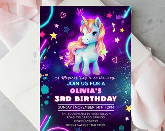 May include: A neon purple and blue birthday invitation featuring a cartoon unicorn and stars. The text reads "A Magical Day is on the way! Join us for a Olivia's 3rd Birthday. Sunday, November 14th, 2 PM. The Boulevard, 350 West Dillon Road, Colorado Springs. RSVP by 11/12/20XX. Bring a swimsuit and towel."