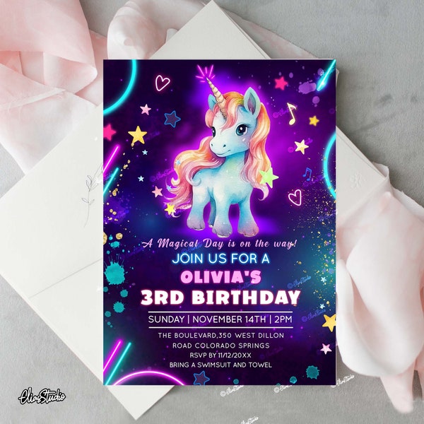 Editable Unicorn Birthday Invitation, All Ages Unicorn Invite, Unicorn Neon Invite Template, Girl Birthday Party Invite, Neon Birthday UN1