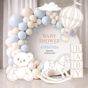 Può includere: Un'esposizione a tema baby shower con un arco di palloncini nei colori pastello blu e crema. La scena include un orsacchiotto, un cavallo a dondolo e blocchi che compongono la parola "BABY". Sono presenti anche ritagli di mongolfiera e nuvola, con il testo "BABY SHOWER cutouts DIGITAL DOWNLOAD".