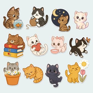 May include: A collection of colorful cat stickers in various poses. One cat sits by a fishbowl, another plays with yarn, and others are shown with books, hearts, and flowers. The stickers feature a cartoon style with a light blue background.