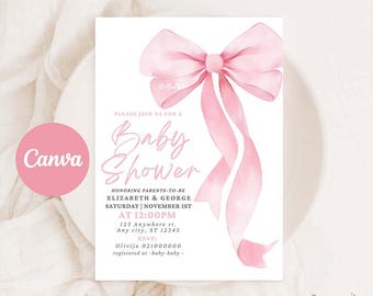 Pink Bow Baby Shower Invitation, Coquette Baby Shower Invites, Girl Baby Shower, Canva Template