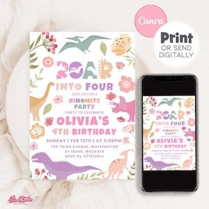 Dino 4th Birthday Girl Dinosaur Party Invitation, Pink Dinosaur Canva invitation, Girl 4th Birthday Dinosaur , Four Birthday Invitation D18