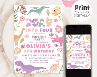Peut inclure: Une invitation de fête de 4e anniversaire sur le thème des dinosaures rose et violet. L'invitation dit "Roar into Four" et comprend le texte "Join us for a Dinomite Party" et "Olivia's 4th Birthday". L'invitation comprend également la date, l'heure et le lieu de la fête.