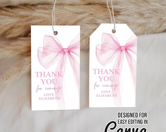 Pink Bow Birthday Favor Tags Bow First Birthday Thank You Tag, Bow First Birthday, Bow Thank You tag Canva bw1
