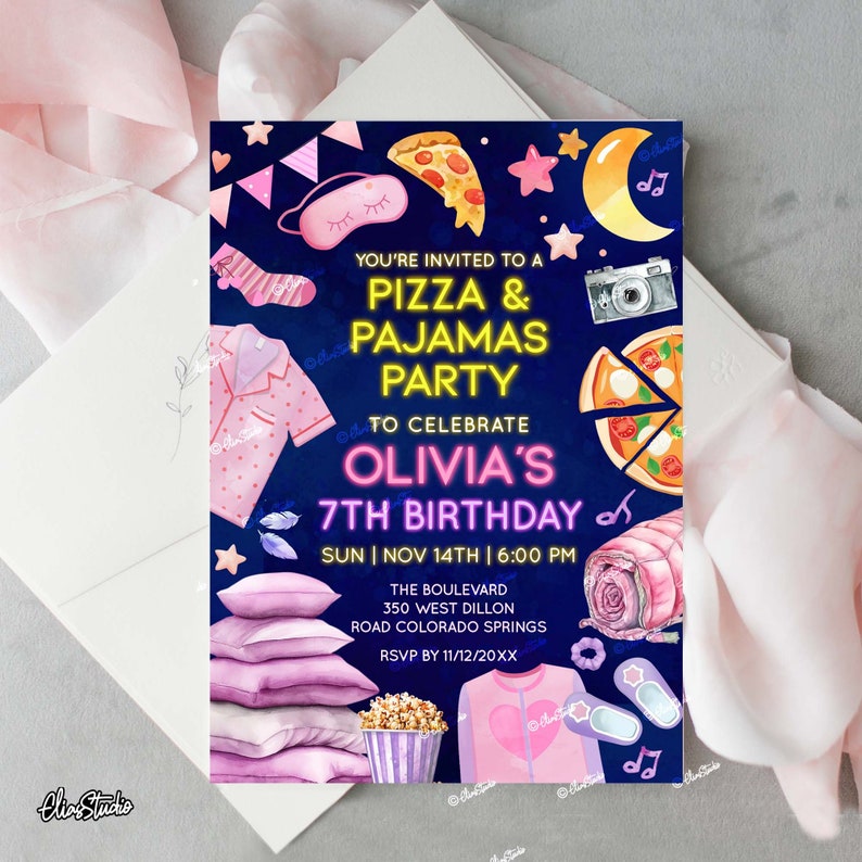 Pizza and Pajamas Birthday Invitation Editable Template Pizza Party ...