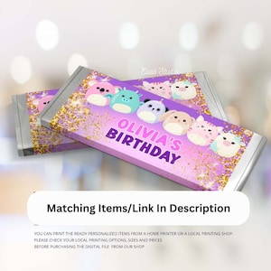 May include: Printable party favour labels featuring a purple background with gold glitter and a variety of colourful cartoon characters. The text "Olivia's Birthday" is printed in a white font.
