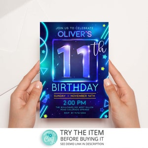 Neon Birthday Invitation Template 11th Boy Birthday Neon Glow Party Invitation Digital Editable Template /6