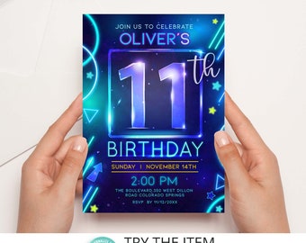 Neon Birthday Invitation Template 11th Boy Birthday Neon Glow Party Invitation Digital Editable Template /6