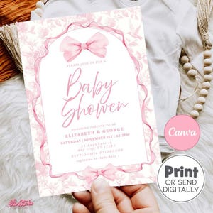 May include: Pink baby shower invitation with a floral design and a pink bow. The text reads "Please join us for a Baby Shower honoring parents-to-be Elizabeth & George Saturday | November 1st | at 3PM 123 Anywhere st. Any city, ST 12345 RSVP:Olivija 021000000 registered at -baby-baby- Canva Print or Send Digitally"